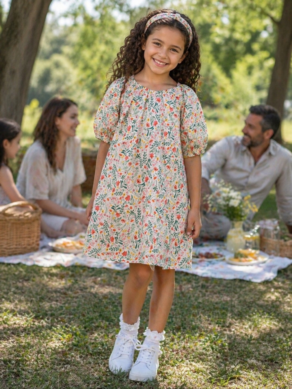 Girls' Floral Puff-Sleeve Casual Dress - Pink & Green